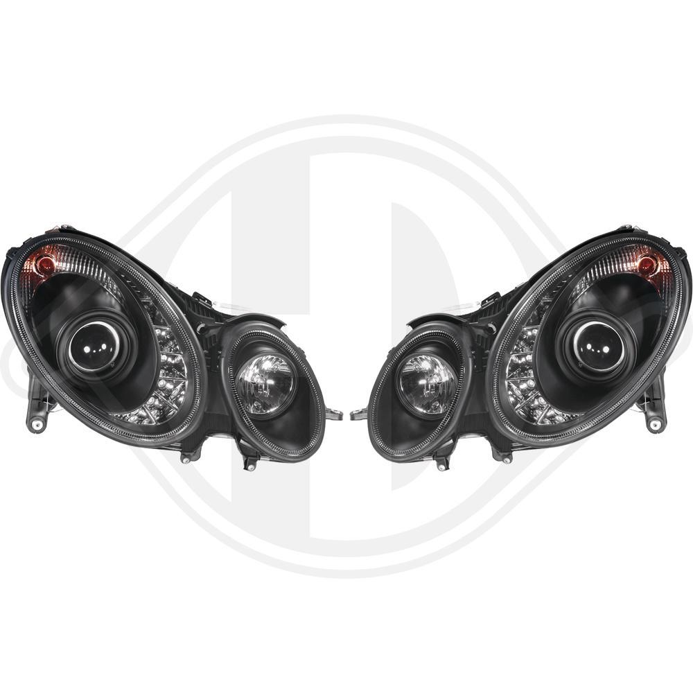 DESIGNSCHEINWER.SET W211, 02-06 KLARGLAS/SCHWARZ LED STANDLICHT/ TFL OPTIK H7+H7+MOTOR F&Uuml;R ELEKTR.LWR